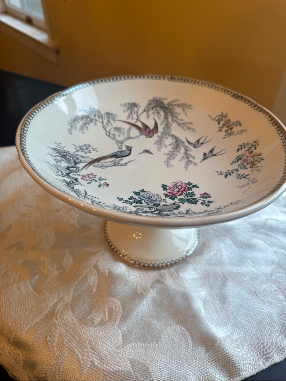 Vintage Asian Motif Bird and Floral pedestal Bowl Compote 9”